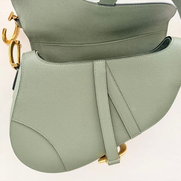 Christian Dior Saddle Bag Sage Green Crossbody Purse Pebble Leather Double Strap - Picture 7 of 15